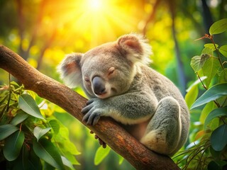 Fototapeta premium Serene Koala Sleeping on Branch, Lush Green Foliage, Soft Sunlight - Long Exposure Stock Photo