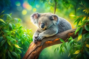 Fototapeta premium Serene Koala Sleeping on Branch Watercolor Panoramic