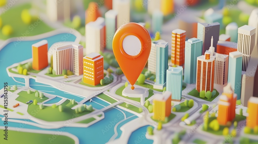 Aufkleber Aerial view of a modern vibrant cityscape with a 3D digital map overlay and GPS navigation pins  The image showcases a futuristic urban landscape with skyscrapers infrastructure