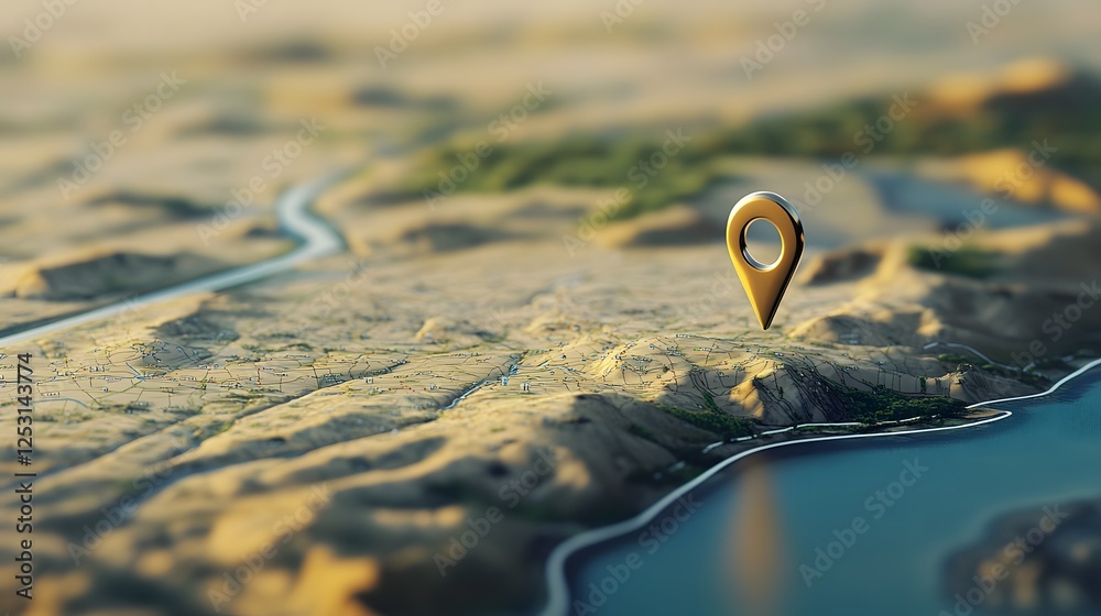Poster aerial view of a mountain landscape with a compass marker icon on a scenic trail map highlighting th