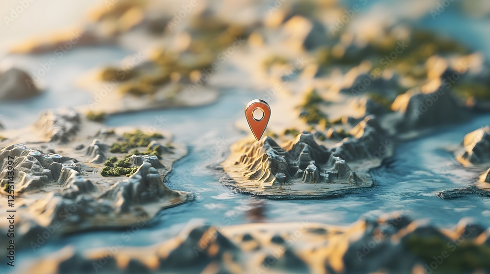 Fototapete aerial view of a remote rugged coastal landscape with a iconic navigation pin marker on a topographi