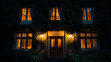 Fototapeta premium An eerie, ivy-covered mansion with lights flickering in the upper windows. Shadows move behind the curtains as if someone is watching.