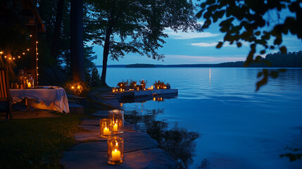 Charming lakeside setting, candles flickering in the night air, serene water view-3