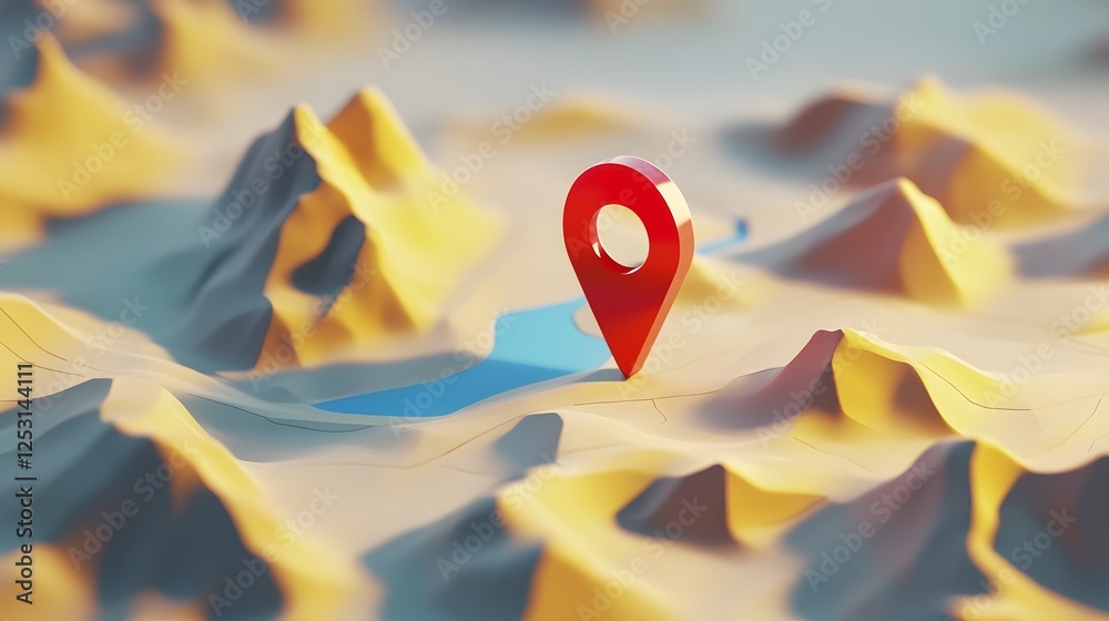 Poster Aerial view of a rugged mountainous landscape with a prominent red navigation icon or pointer symbol suggesting a concept of and finding one s way through a challenging terrain
