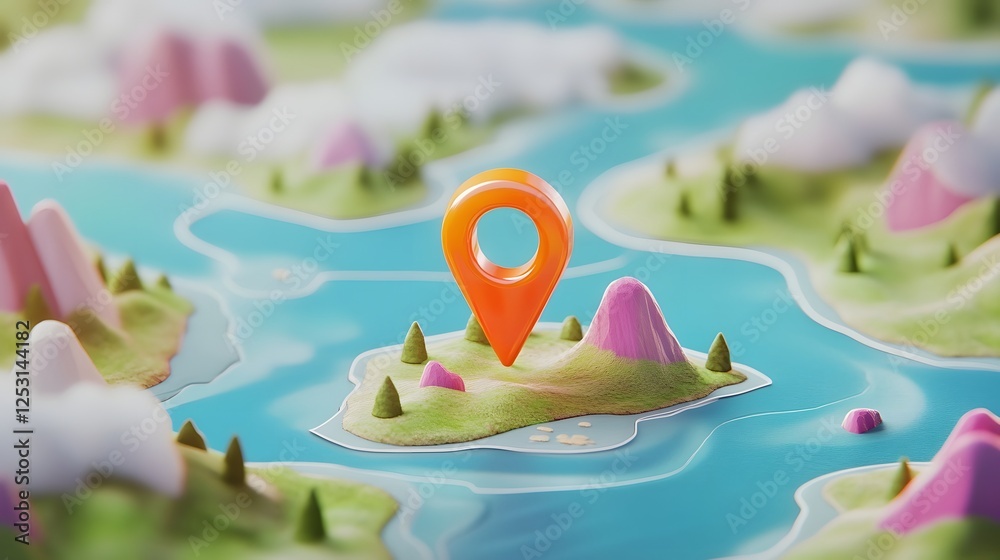 Poster Aerial view of a rugged mountainous landscape with a river snaking through it and a map pointer indicating a remote unexplored destination  Concept of discovering new places in the great outdoors