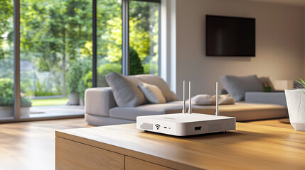 Modern wi-fi router on the table in modern living room interior, Wireless internet network technology