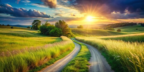 Serene Meadow Road: A Picturesque Country Lane Winding Through Lush Green Grassland