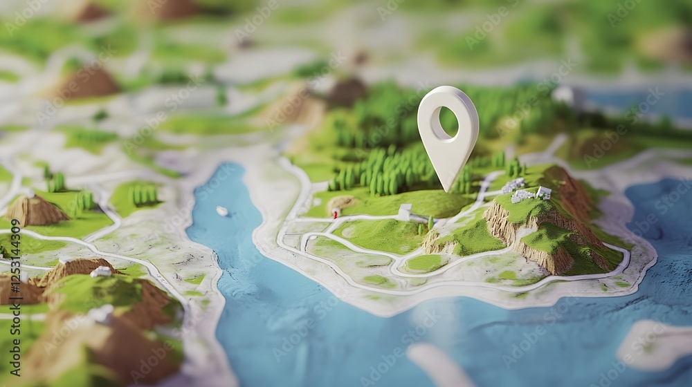 Poster aerial view of a rugged unspoiled landscape featuring a mountainous island or cliff with a gps pin m
