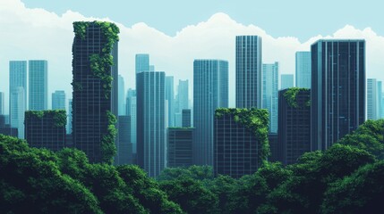 Obraz premium Urban Jungle with Lush Greenery and Skyscrapers Under Blue Sky
