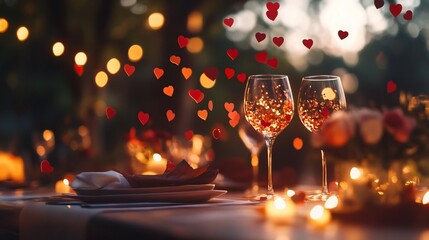Romantic Outdoor Dinner Setting with Sparkling Wine Glasses and Falling Hearts