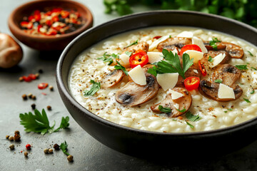 Creamy mushroom risotto garnished with herbs and spices served in a black bowl at a cozy dining table. Comfort food. Risotto with mushrooms, parmesan cheese herbs and spices, Italian cuisine