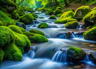 Fototapeta premium Serene Stream: Mossy Rocks & Rippling Water - Nature Stock Photo