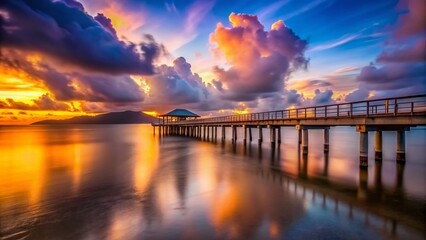 Obraz premium Serene Sunset at Palm Cove Pier, Cairns, Australia - Tropical Beach Landscape Photography
