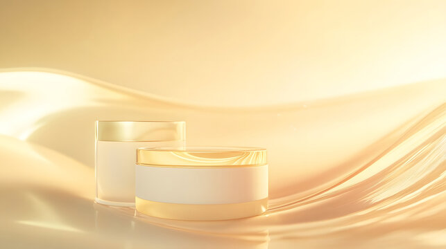 Captivating Luxury Skincare Cosmetic Product Display with Golden Reflective Backdrop  High end beauty product scene showcasing radiant soothing and rejuvenating skincare items on a warm elegant