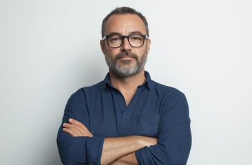 Portrait of a serious male entrepreneur in a casual outfit with glasses and short hair, standing confidently with arms crossed against a white background, exuding professionalism and determination.