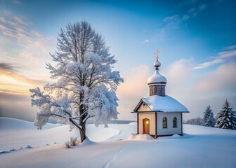 Serene Winter Chapel: Minimalist Snowy Forest Orthodox Church Stock Photo