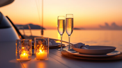 Obraz premium Elegant yacht dinner with champagne glasses and lit candles, sunset reflecting on the calm ocean-1