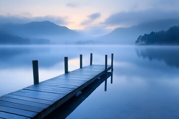 A tranquil lakeside view at sunrise with mist rolling over the water, evoking peace and mindfulness. 


