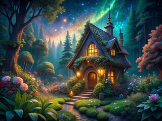 Enchanting Forest House Night - Fantasy Digital Art Stock Photo