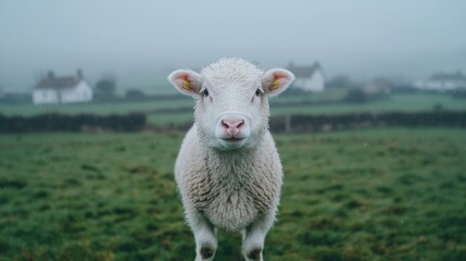 Obraz premium Sheep in a misty countryside landscape. Possible use Nature photography, stock photo