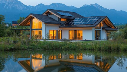 Modern lakeside house with solar panels at sunset, mountain view, ideal for real estate listings