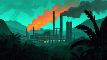 Industrial Landscape with Smokestacks and Tropical Foliage at Dusk