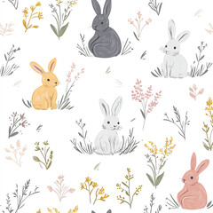 Cute rabbits amidst delicate wildflowers.