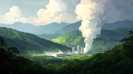 Fototapeta premium Lush Mountain Landscape with Industrial Plant and Billowing Smoke