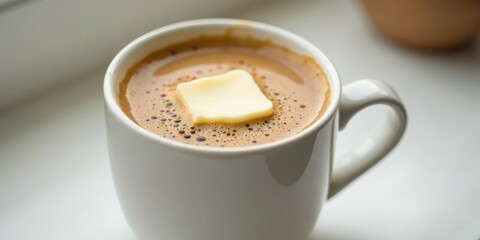 Aromatic coffee beverage with a cube of dairy product floating on top in a white mug, enjoyed near a window