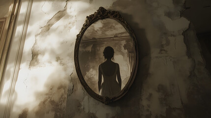 An old, cracked mirror hanging on a wall in a forgotten mansion. A faint reflection of a woman in a white dress can be seen, though no one else is in the room.