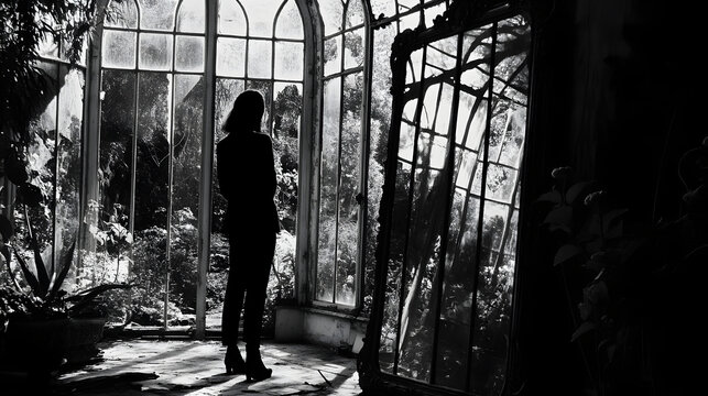 An old conservatory with broken windows. A mirror reflects the silhouette of a figure outside, though the garden is empty.