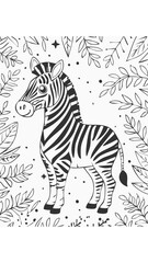Cute Zebra Mammal Coloring Kid Book Page in Black and White. Monochrome and Colored Samples
