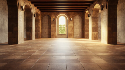 Fototapeta premium spacious empty interior with stone walls and arches, featuring large window that lets in natural light, creating warm atmosphere