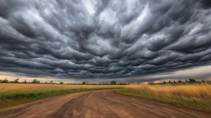 Fototapeta premium A rural landscape with a curving dirt road under a dramatic sky filled with dark storm clouds, surrounded by golden and green fields