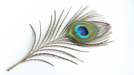 Obraz premium Single iridescent peacock feather isolated on white background, showcasing its vibrant colors and intricate details, perfect for elegant design or nature-themed projects.