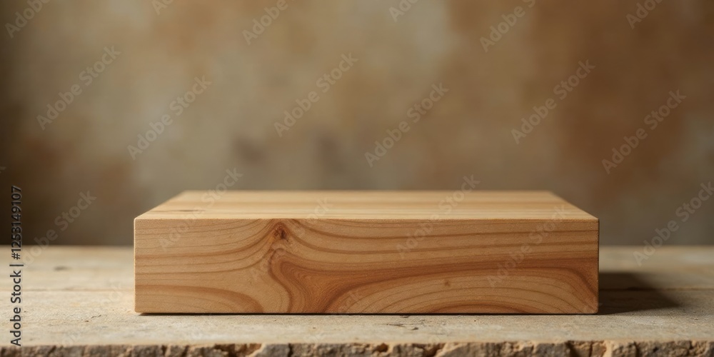 Poster A Simple Wooden Block on Rustic Surface, Ideal for Product Presentation or Display