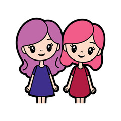 Cute Sister Bright Colors BFF Girls Cartoon Vector Illustration