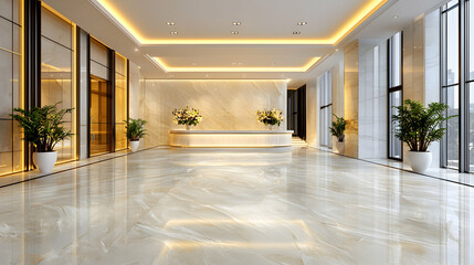 Luxurious hotel lobby reception area, city view