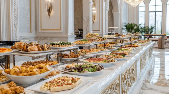Elegant Buffet Display with Diverse Cuisine in Luxurious Setting