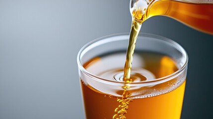 Pouring tea into glass; close-up view of liquid flowing. Possible use Stock photo for tea advertisements, cookbooks, or social media posts