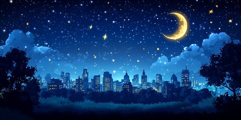 Naklejka premium Night City Skyline Stars Moon