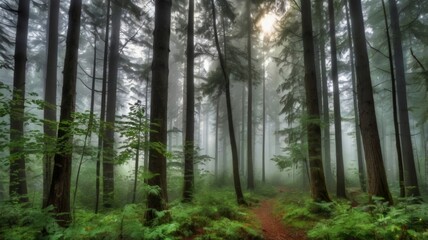 Obraz premium A misty forest in the early morning with tall, green trees and soft light filtering through the fog.