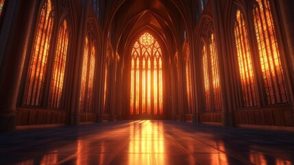 Obraz premium Serene Gothic Cathedral Interior with Stunning Sunset Light