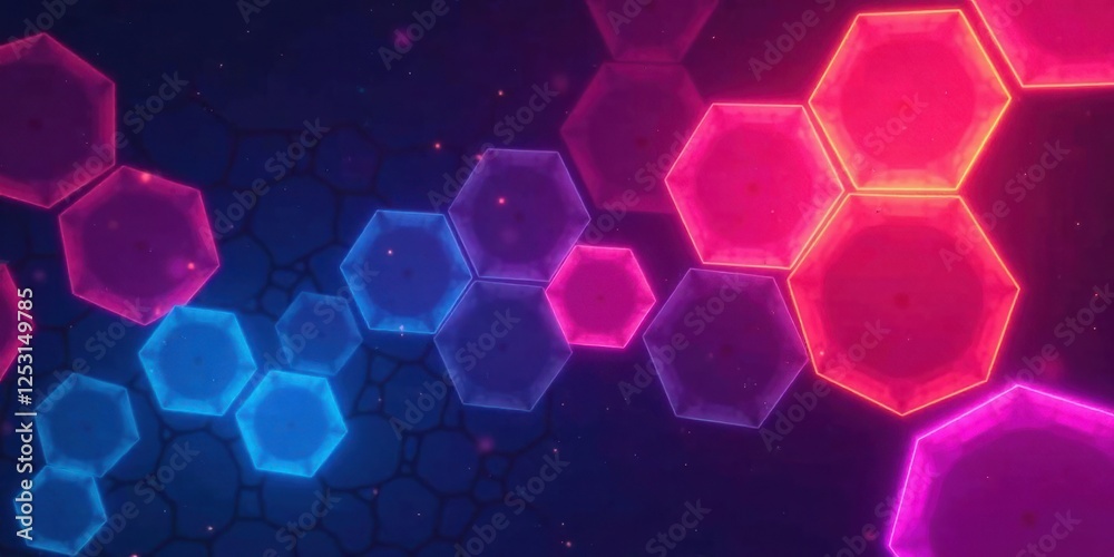 Poster abstract hexagonal network glowing with vibrant pink and blue hues