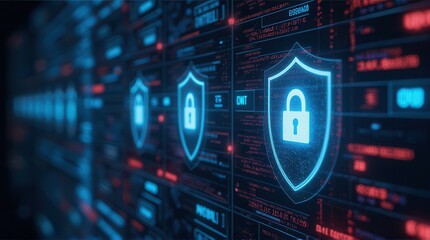 Fototapeta premium A digital representation of security, featuring glowing shields with padlocks against a backdrop of data streams, symbolizing cybersecurity.