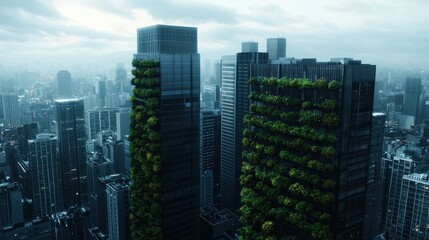 Obraz premium Modern eco-friendly skyscrapers with greenery in urban landscape