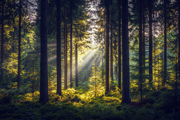 Fototapeta premium Sunlight streaming through tall, dense trees in a lush, vibrant forest with ferns covering the forest floor
