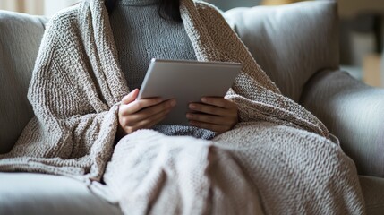 Person Relaxing with Blanket and Tablet