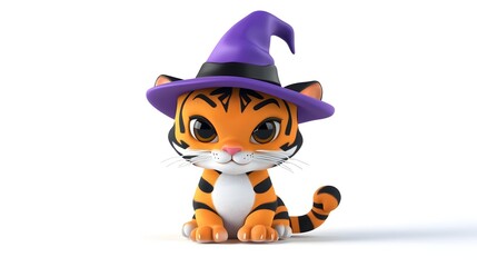 Cute Cartoon Tiger Wearing Witch Hat in Fantasy