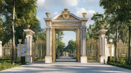 Naklejka premium Grand Entrance to an Estate: Opulent Gate and Lush Greenery